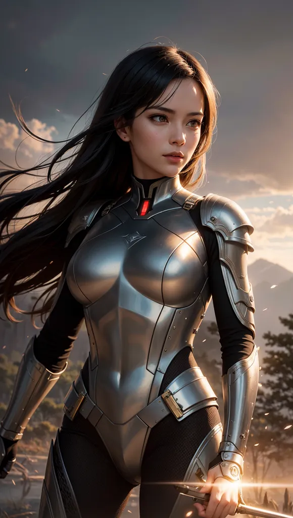 This is an image of a woman standing in a field, holding a sword. She is wearing a silver breastplate and a black bodysuit. Her long black hair is blowing in the wind. The background is a mountain landscape with a stormy sky.