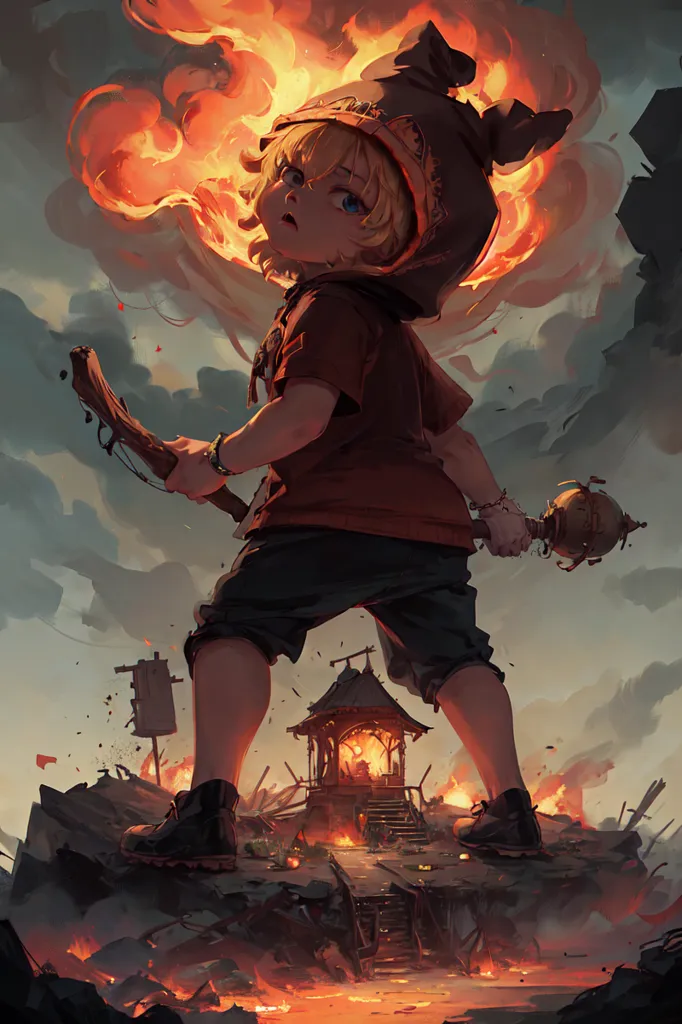 A child stands in the middle of a ruined city. The sky is dark and filled with smoke. The child is wearing a red shirt and blue pants. They have a determined look on their face and are holding a staff in their right hand. The staff is topped with a glowing orb. The child is surrounded by flames, but they are not harmed. In the background, a building is on fire.