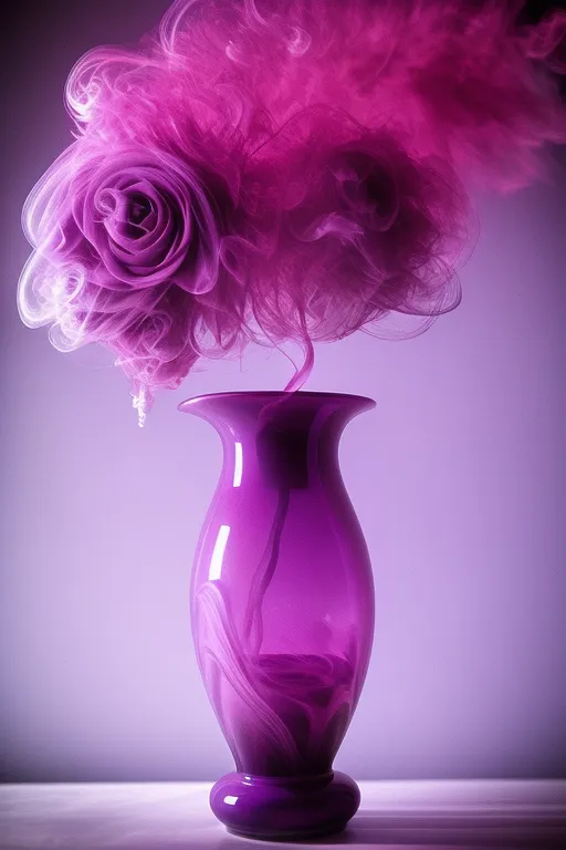 Cette image représente une rose violette dans un vase violet. Les pétales de la rose sont faits de fumée violette, et la tige est faite d'un liquide violet. Le vase est également en verre violet. La rose est en pleine floraison, et les pétales sont délicats et légers. L'image a une atmosphère douce et romantique.