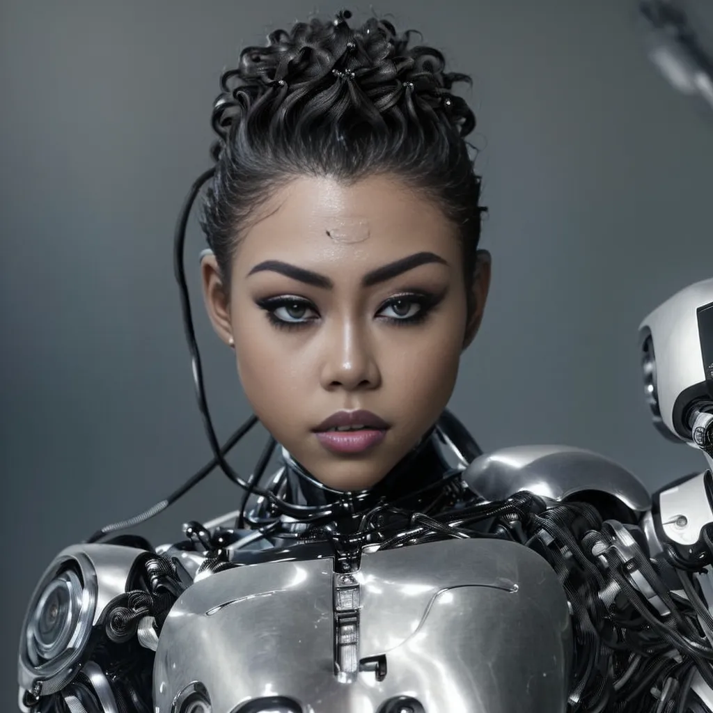 The image is a portrait of a beautiful young woman with dark brown hair and brown eyes. She is wearing a silver metallic breastplate and has several cables attached to her head and neck. Her expression is serious and determined. The background is a dark grey.