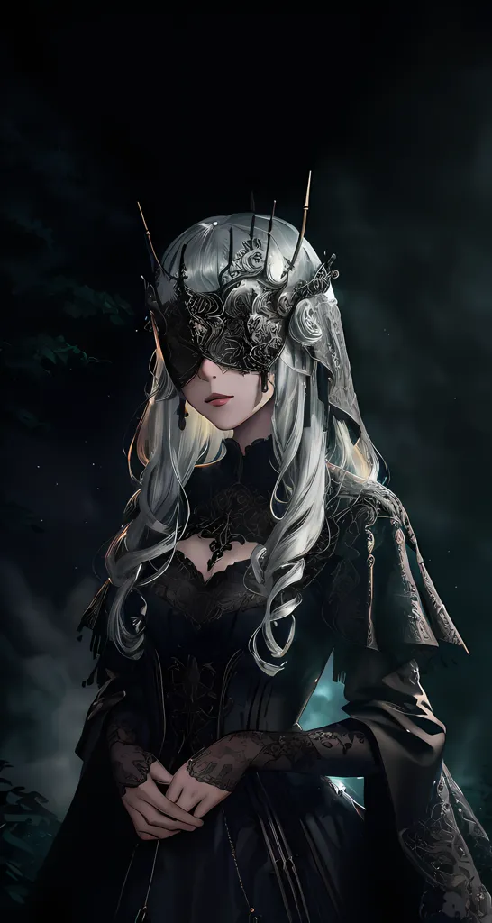 The picture shows a woman wearing a black dress with a white collar. The dress has a pattern of leaves on it. The woman is wearing a mask that covers her eyes. The mask is made of metal and has a design of a crown on it. The woman's hair is long and white. She is standing in a dark forest. There are trees behind her. The forest is dark and mysterious. The woman looks like she is lost or in danger.