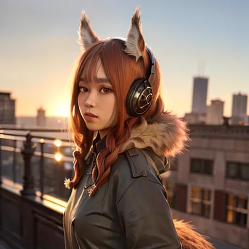 The image shows a young woman with long brown hair and fox ears. She is wearing a green jacket with a fur collar and headphones. She is standing on a rooftop with a cityscape in the background. The sun is setting and the sky is a gradient of orange and yellow.