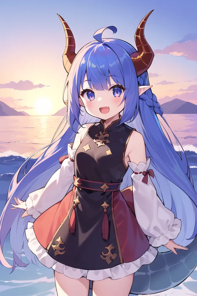 The image is of an anime-style girl with blue hair and red horns. She is wearing a black and red dress with a white collar. She is standing on a beach, with the sun setting behind her. The water is calm and there are mountains in the distance. The sky is a gradient of orange and pink. The girl is smiling and has her arms outstretched.