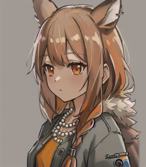 The image shows a young woman with brown hair and orange eyes. She has fox ears and a tail. She is wearing a gray jacket and a white shirt. She is looking to the right with a neutral expression.