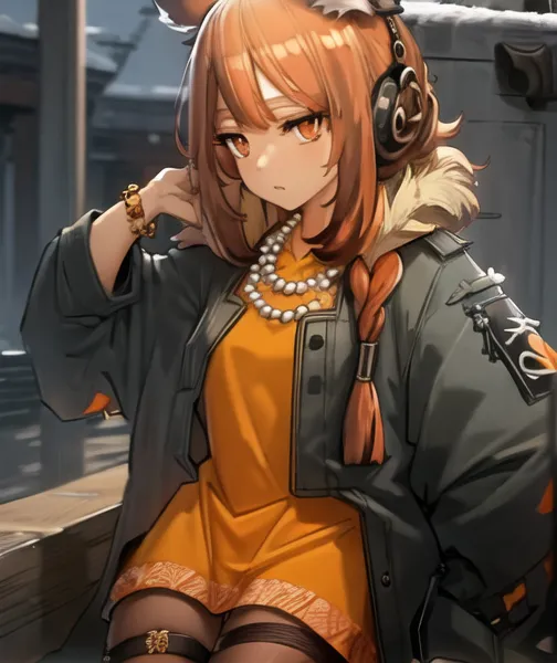 The image depicts a young woman with orange hair and eyes. She is wearing a yellow dress, a green jacket, and headphones. She is also wearing a necklace and a bracelet. She has a fox tail and fox ears. She is sitting on a bench in a city. There are buildings in the background. It appears to be snowing.