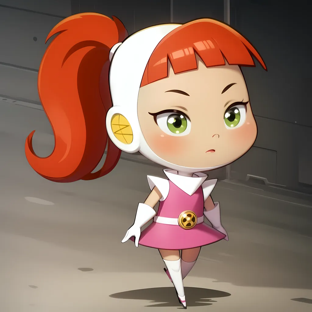 The image shows a young girl with red hair and green eyes. She is wearing a white and pink spacesuit with a yellow belt and a white helmet with yellow accents. She is standing in a futuristic hallway and looking to the right.