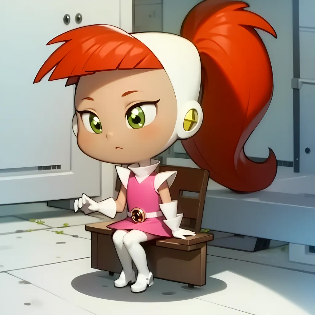 The image shows a young girl with red hair and green eyes. She is wearing a white and pink spacesuit-like outfit with a yellow belt and white boots. She is sitting on a bench in what appears to be a spaceship or space station. There is a small plant growing in the foreground.