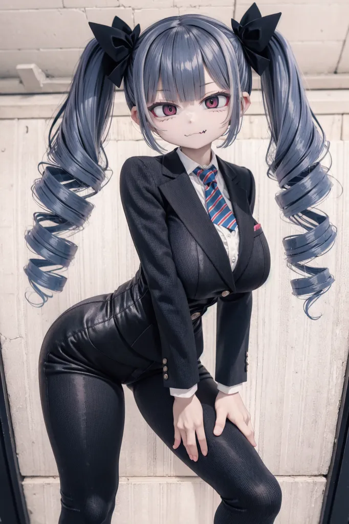 The image is of a young woman with long blue hair and red eyes. She is wearing a black suit jacket and pants with a white dress shirt and tie. She is also wearing black boots and has a black bow in her hair. She is standing with her legs shoulder-width apart and her hands on her hips. She has a confident expression on her face and is looking at the viewer. The background is a white wall with a gray floor.