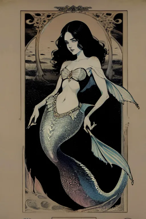 The image is a depiction of a mermaid. She has long, black hair, a pale complexion, and a slender figure. Her eyes are dark and almond-shaped, and her lips are full and slightly parted. She is wearing a seashell bra and a fishnet skirt, and her tail is long and sinuous. She is standing in front of a dark blue background, and there are two small fish swimming near her tail. The mermaid is looking at the viewer with a calm, serene expression.