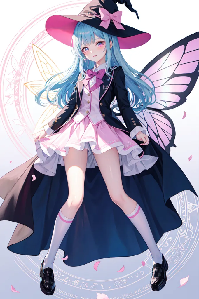 The image is of a young girl with long blue hair and pink eyes. She is wearing a black and pink magical girl outfit with a large pink bow on her hat. She also has butterfly wings in place of her arms. She is standing on a magic circle and there are several magical symbols floating around her.