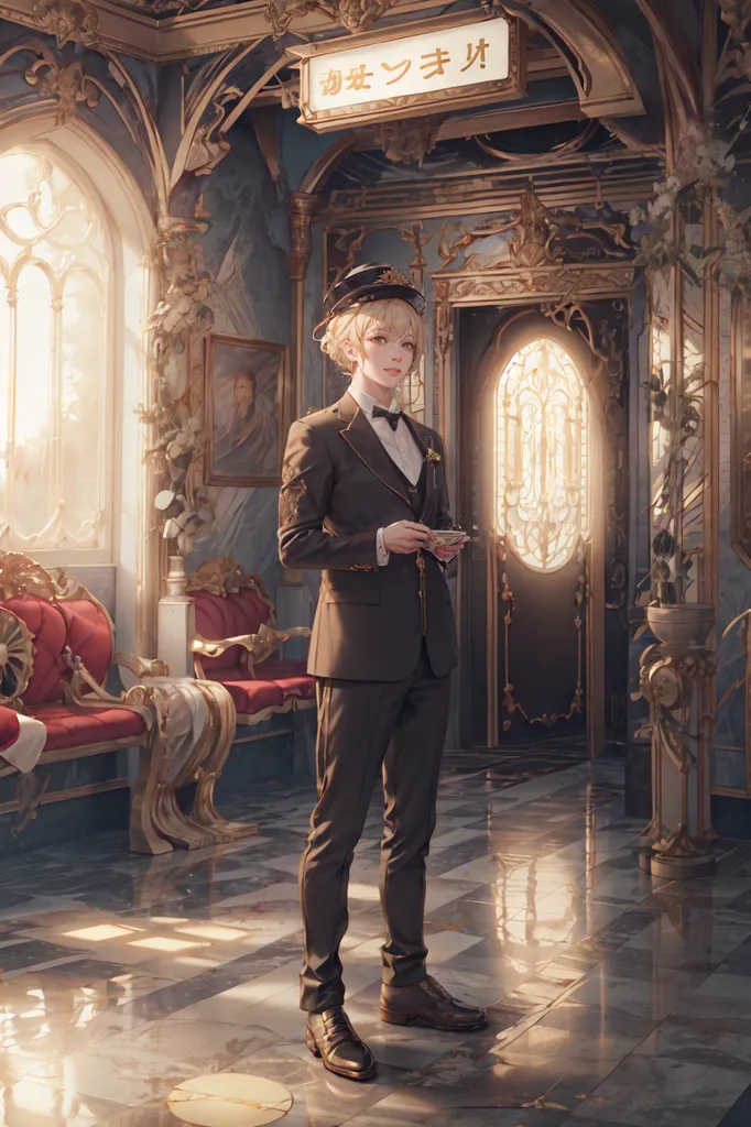 The image is of a young man in a black suit and cap standing in a grand hall. The hall has a marble floor, ornate columns, and a large stained glass window. The man is holding a teacup and saucer. He has short blond hair and green eyes. He is wearing a white shirt, black suit jacket, pants, and shoes. The image is in a realistic style and the colors are vibrant.