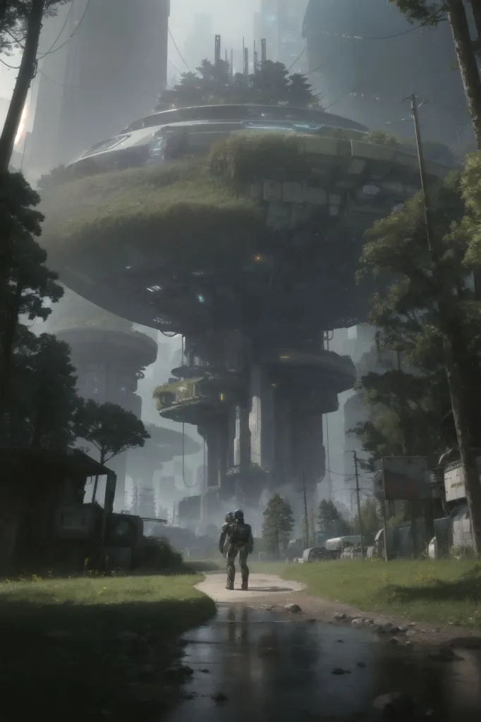 The image shows a futuristic city in a state of ruin. There is a large, round structure in the center of the city that is covered in vegetation. The rest of the city is in ruins, with broken buildings and overgrown vegetation. There is a figure standing in the foreground of the image, looking at the ruined city. The figure is wearing a protective suit.