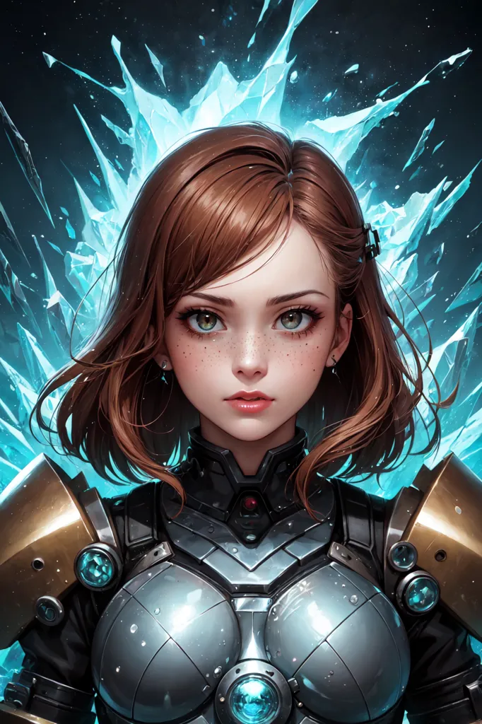 This is an image of a young woman with brown hair and green eyes. She is wearing a blue and gray armored suit with shoulder pads and a breastplate. The breastplate has a glowing blue crystal in the center. She has a serious expression on her face. There are ice crystals floating in the background.