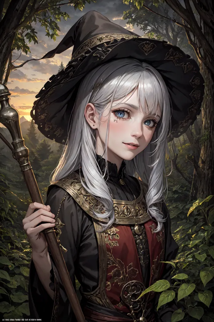 L'image est un portrait d'une jeune femme aux longs cheveux blancs et aux yeux bleus. Elle porte un chapeau pointu noir et une robe rouge et noire avec des bordures dorées. Elle tient un bâton dans sa main droite. Elle se tient debout dans une forêt, avec des arbres verts et des feuilles en arrière-plan.