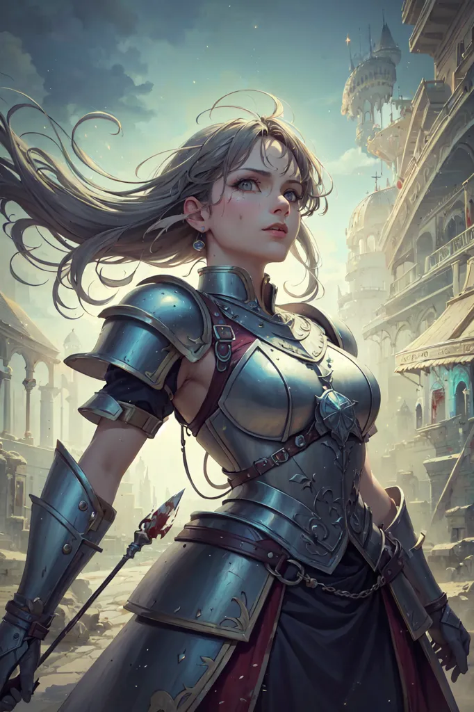 This is an image of a female knight in full armor. She is standing in a ruined city, with a large building in the background. The knight is wearing a silver breastplate with red accents, and a red skirt. She has long blond hair that is blowing in the wind, and her eyes are blue. She is holding a sword in her right hand, and a shield in her left hand. The shield has a blue and white design. The knight is standing in a confident pose, and she looks like she is ready for battle.