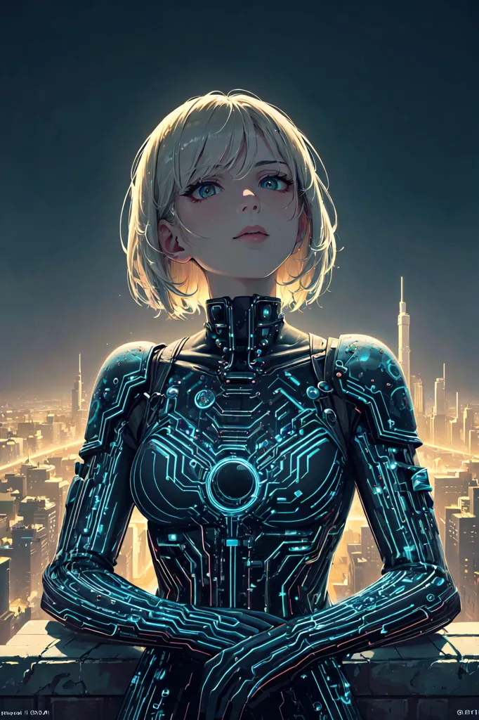 This is an image of a female cyborg with short blonde hair and blue eyes. She is wearing a black and blue bodysuit with a glowing blue circle in the center of her chest. She is standing on a rooftop, looking out over a city at night. The city is full of tall buildings and lights. The sky is dark and there are stars in the sky.