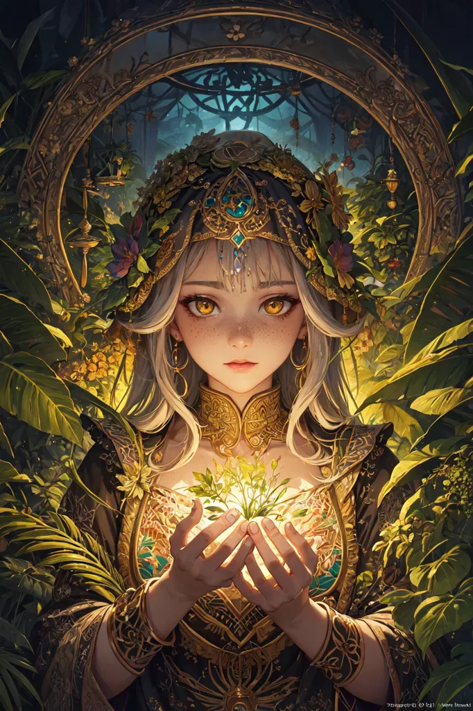 This image shows a beautiful, young woman with long, flowing white hair and golden eyes. She is wearing a golden headpiece and a green dress with gold trim. She is standing in a lush, green forest, and she is holding a small, glowing plant in her hands. The background is a blur of green leaves and branches.