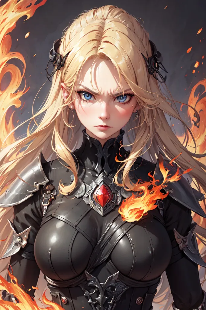 The picture shows a beautiful anime girl with long blond hair and blue eyes. She is wearing a black and red bodysuit with a red gem in the center. She is also wearing a pair of black boots and has a fiery aura surrounding her.