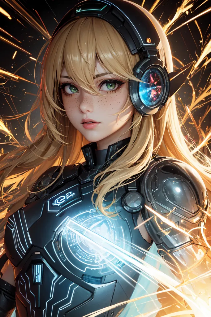 The image is a portrait of a young woman with long blonde hair. She is wearing a black and blue armored suit with a glowing blue circle in the center. She is also wearing a pair of headphones. The background is a dark color with bright yellow and orange sparks. The woman's expression is serious and determined.