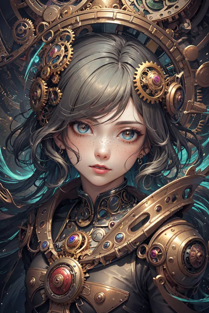 Esta es una imagen de una chica steampunk. Tiene el cabello gris y los ojos azules. Lleva puesto un atuendo steampunk marrón con muchos engranajes y ruedas dentadas. También tiene un gran halo con forma de engranaje detrás de la cabeza.