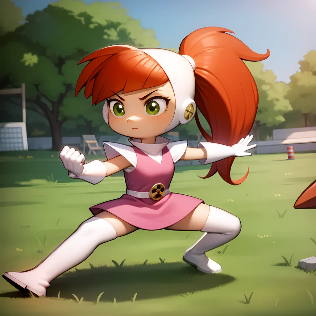 The image is of a young girl with red hair and green eyes. She is wearing a white and pink outfit with a white belt and white boots. She is in a fighting stance, with her fists raised and her feet shoulder-width apart. She has a determined look on her face. The background is a green field with trees and a blue sky.