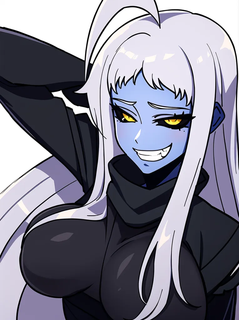 The image is of a blue-skinned woman with long white hair. She is wearing a black turtleneck sweater. She has yellow eyes and sharp teeth. She is smiling and has her hand on her head.