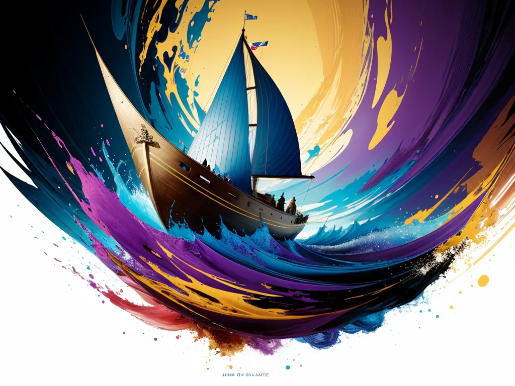 The image is a painting of a ship at sea. The ship is brown and has a blue sail. The sea is rough and there are large waves. The sky is dark and there are clouds. The painting is done in a realistic style and the colors are vibrant. The image is in a vertical orientation.