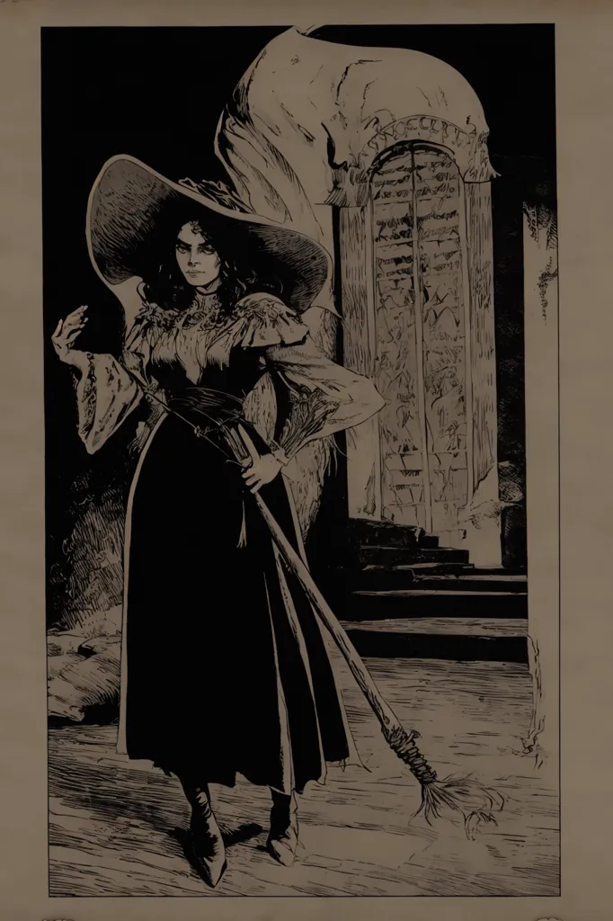 The image is of a tall, slender woman dressed in a long black dress and a large black hat. She is standing in front of a large door, holding a broom in her right hand. The woman has long black hair and a pale face, and she is looking at the viewer with a stern expression. The door behind her is made of wood and has a large metal knocker in the shape of a lion's head. The floor is made of stone, and there is a small amount of debris on the ground. The image is drawn in a realistic style, and the artist has used shading to create a sense of depth and atmosphere.