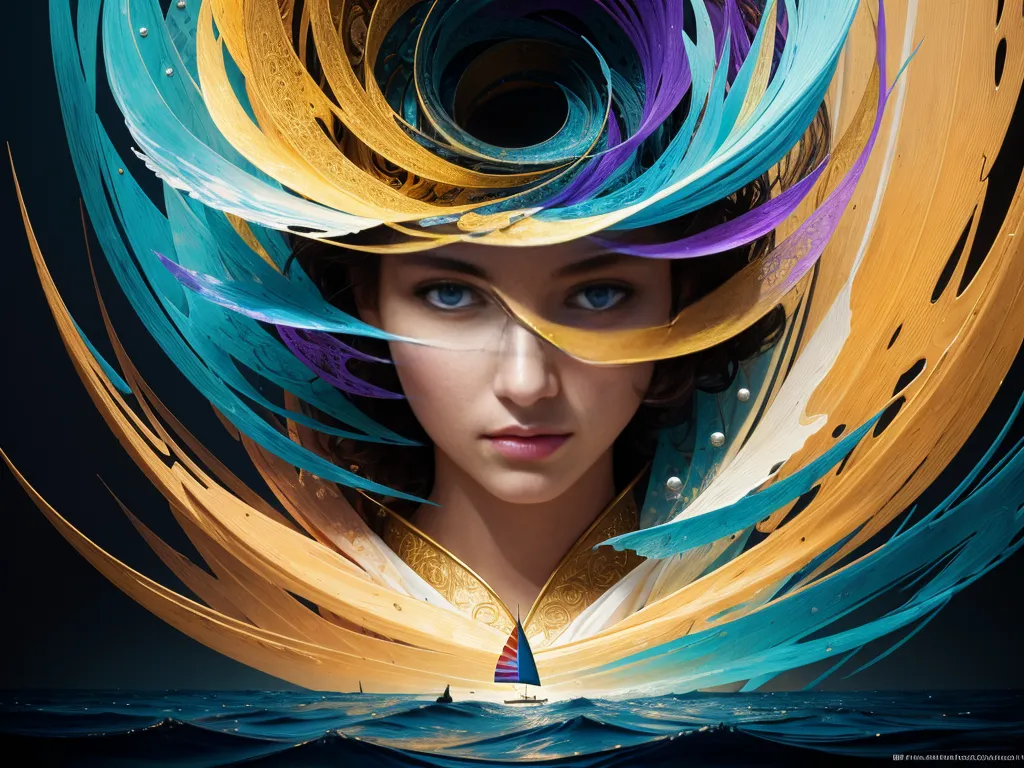 This image is a painting of a woman with long brown hair and blue eyes. She is wearing a gold and blue headdress that is shaped like a hurricane. The headdress is made of swirling clouds of paint. The woman's face is serene, and she is looking out at the viewer. In the background, a small boat is sailing on a rough sea. The painting is done in a realistic style, and the colors are vibrant and lifelike.