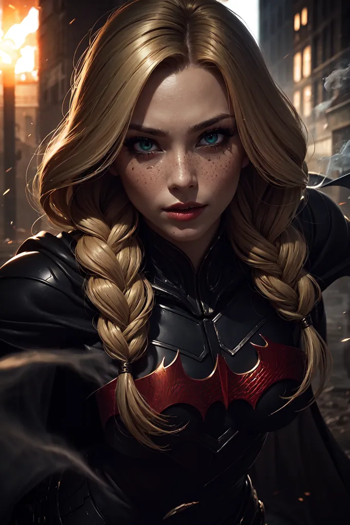 The image is of a young woman with long blonde hair and blue eyes. She is wearing a black leather suit with a red bat symbol on the chest. She is also wearing a black cape and a utility belt. She has a determined expression on her face and is looking at the viewer. The background is a dark city with a fire burning in the distance.