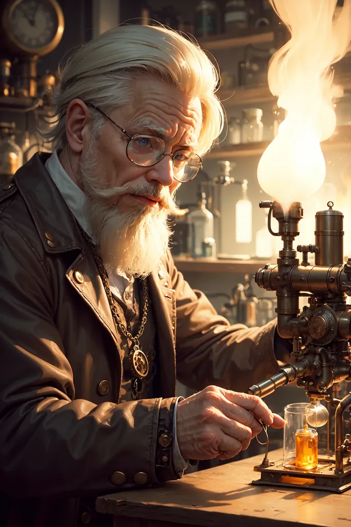 The image shows an old man with long white hair and a beard. He is wearing glasses, a brown leather jacket, and a white shirt. He is in a room that is dimly lit. There are shelves on the walls with various objects on them, including books, bottles, and a clock. There is a large machine on the table in front of him. He is holding a glass tube with a yellow liquid in it. The machine is made of metal and has a large glass tube on top of it. The old man is looking at the glass tube with a thoughtful expression on his face.