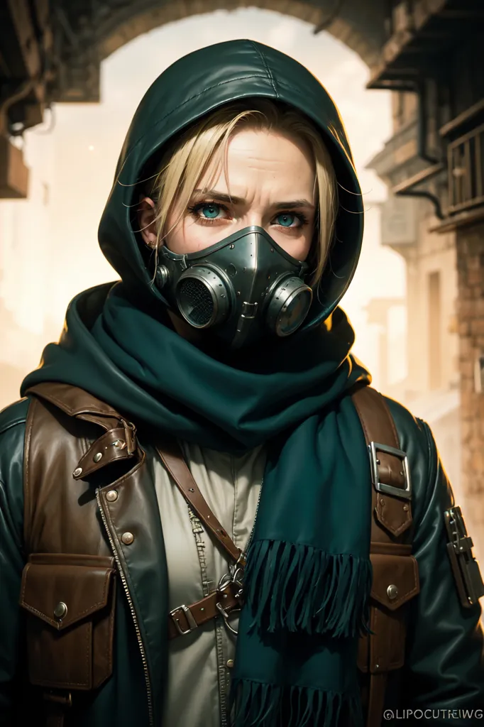 A woman wearing a gas mask and a green scarf is standing in a dark alley. She is wearing a brown leather jacket and there is a building with brick columns behind her.