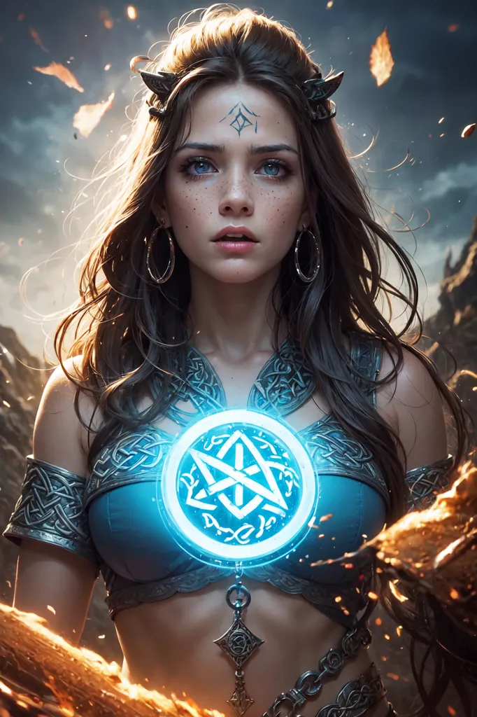 Cette image montre une belle jeune femme aux longs cheveux bruns et aux yeux bleus. Elle porte une tenue bleue et argentée avec un grand amulette bleu lumineux autour du cou. Elle se tient dans un endroit sombre avec un ciel orageux derrière elle. Elle regarde le spectateur avec une expression sérieuse.