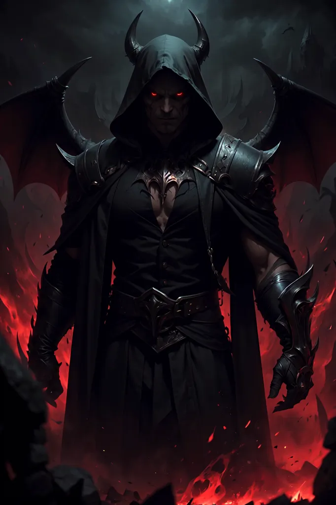 The image is of a tall, muscular man with red eyes, black hair, and black wings. He is wearing a black shirt, black pants, and a black cape. He has a sword in his right hand and a shield in his left hand. He is standing in a dark, fiery place. There are rocks and fire in the background.