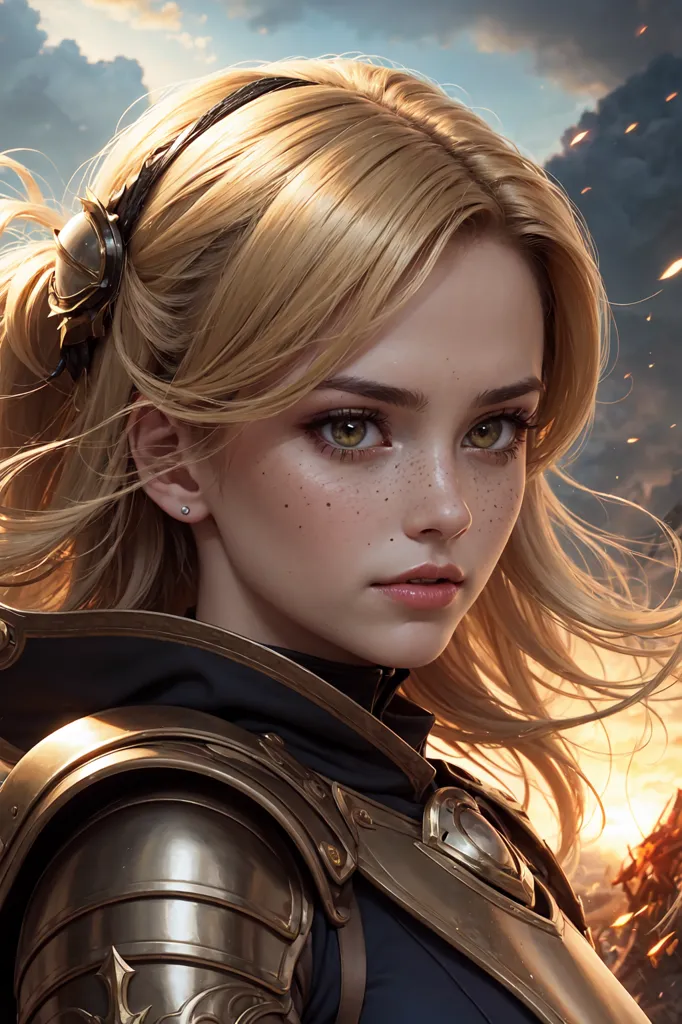 The image is a portrait of a young woman with long blonde hair, brown eyes, and freckles. She is wearing a black and gold breastplate and a gold headband. She has a determined expression on her face, and she is looking to the right of the frame. The background is a stormy sky with clouds and lightning.