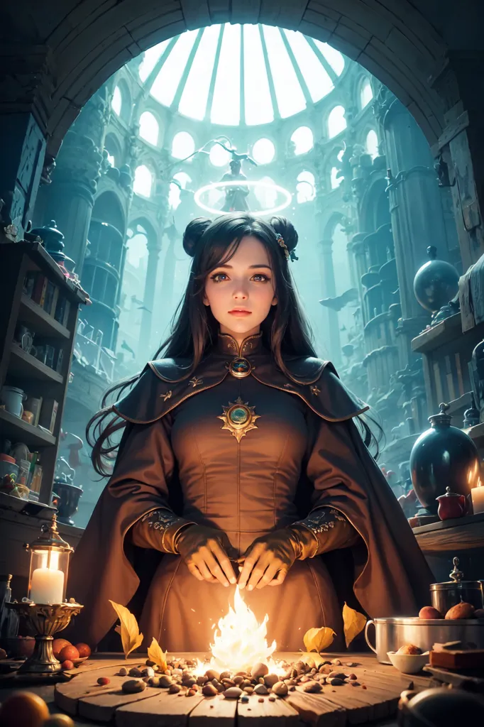 The image is of a young woman standing in a large, stone room. The room is dimly lit by candles and there are shelves of books and potions on the walls. The woman is wearing a brown robe with a gold necklace and she has long, dark hair. She is looking at a small flame that is burning in her hand.