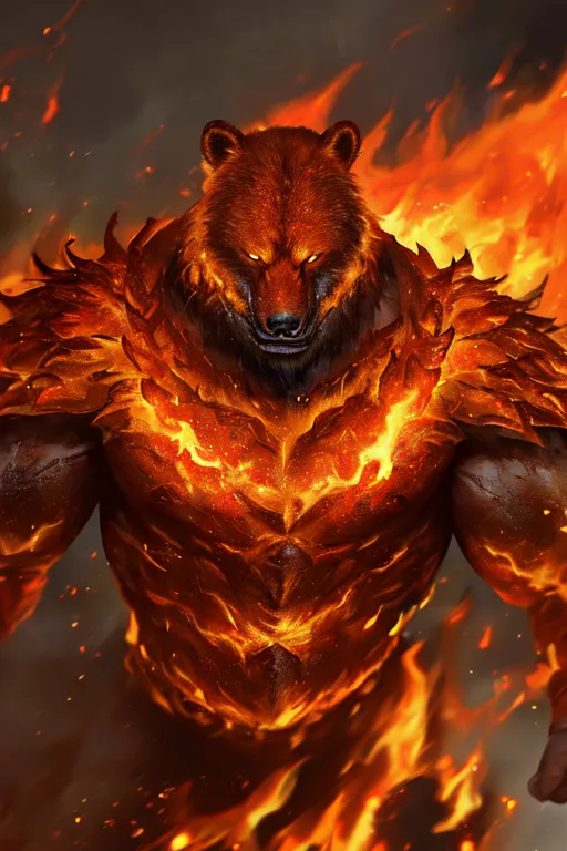 The image is a digital painting of a muscular anthropomorphic bear. The bear is standing on its hind legs and is covered in flames. The flames are orange and yellow, and they are licking at the bear's fur. The bear's fur is dark brown, and its eyes are a deep blue. The bear's teeth are bared, and it looks like it is ready to attack. The background of the image is a dark, smoky gray.