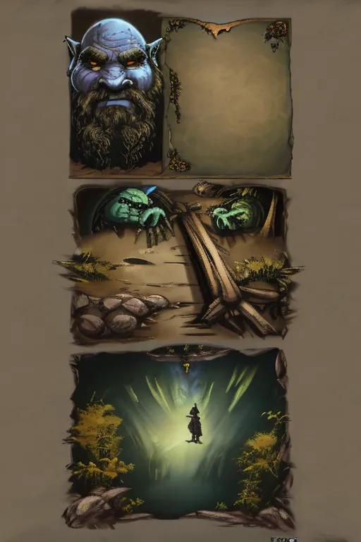 The image is a digital painting of a fantasy scene. It is divided into three panels. The top panel shows a blue-skinned dwarf with a white beard. He is wearing a brown leather vest and has a serious expression on his face. The middle panel shows a group of goblins in a cave. They are armed with crude weapons and look menacing. The bottom panel shows a figure standing in a dark forest. The figure is wearing a long black cloak and is surrounded by strange plants and fungi. The painting is done in a realistic style and the colors are vibrant and saturated.