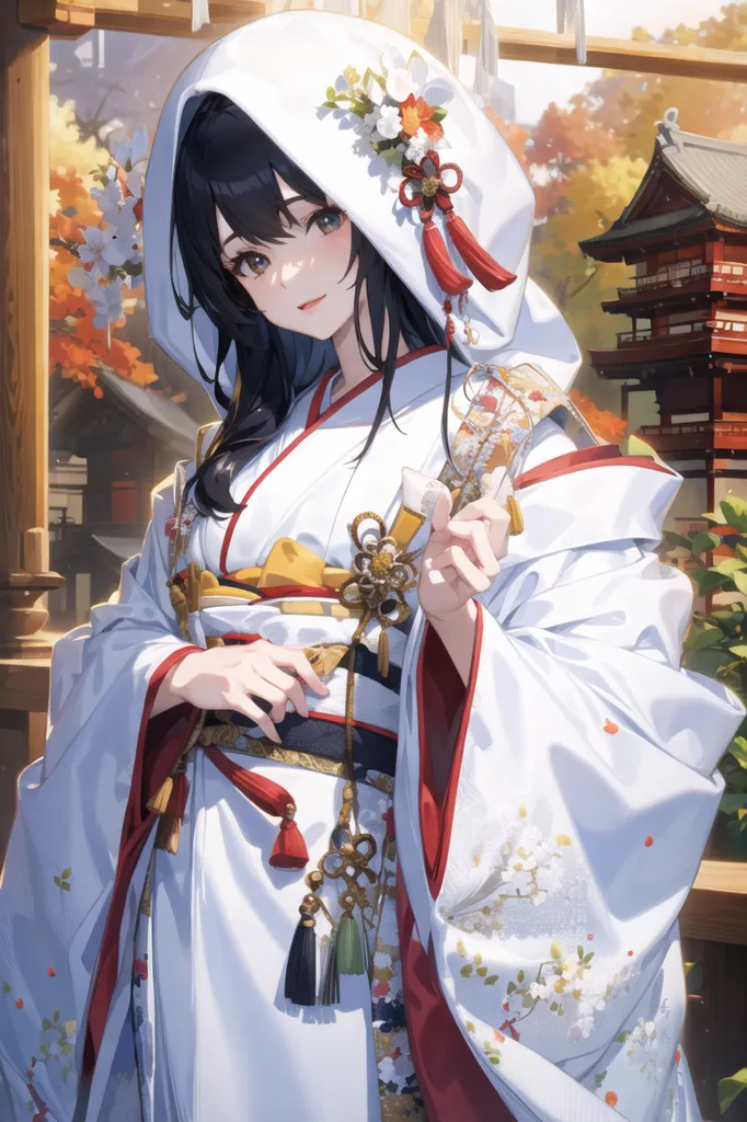 The image is of a young woman in a white kimono with a red and gold obi. She is wearing a white hood with red and gold decorations. Her long black hair is flowing out from under the hood. She is standing in a traditional Japanese garden with a red and gold pagoda in the background.