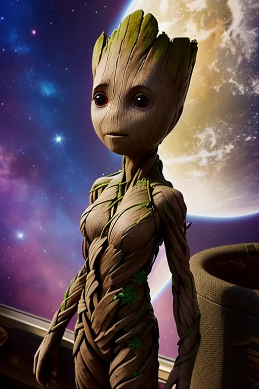 This image shows a humanoid tree-like creature. It has a brown bark-like skin with green vines growing on it. The creature has large red eyes and a small mouth. It is standing in front of a blue and purple background with a planet in the distance. The creature is likely Groot from the Guardians of the Galaxy movies.