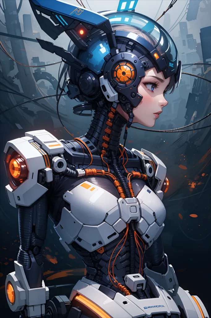 The image is a painting of a female cyborg. She has short white hair and blue eyes. She is wearing a white and gray bodysuit with orange details. The bodysuit has a lot of wires and tubes attached to it. She is also wearing a helmet with a visor. The background of the image is a dark city. There are a lot of buildings and wires in the background. The image is very detailed and realistic.