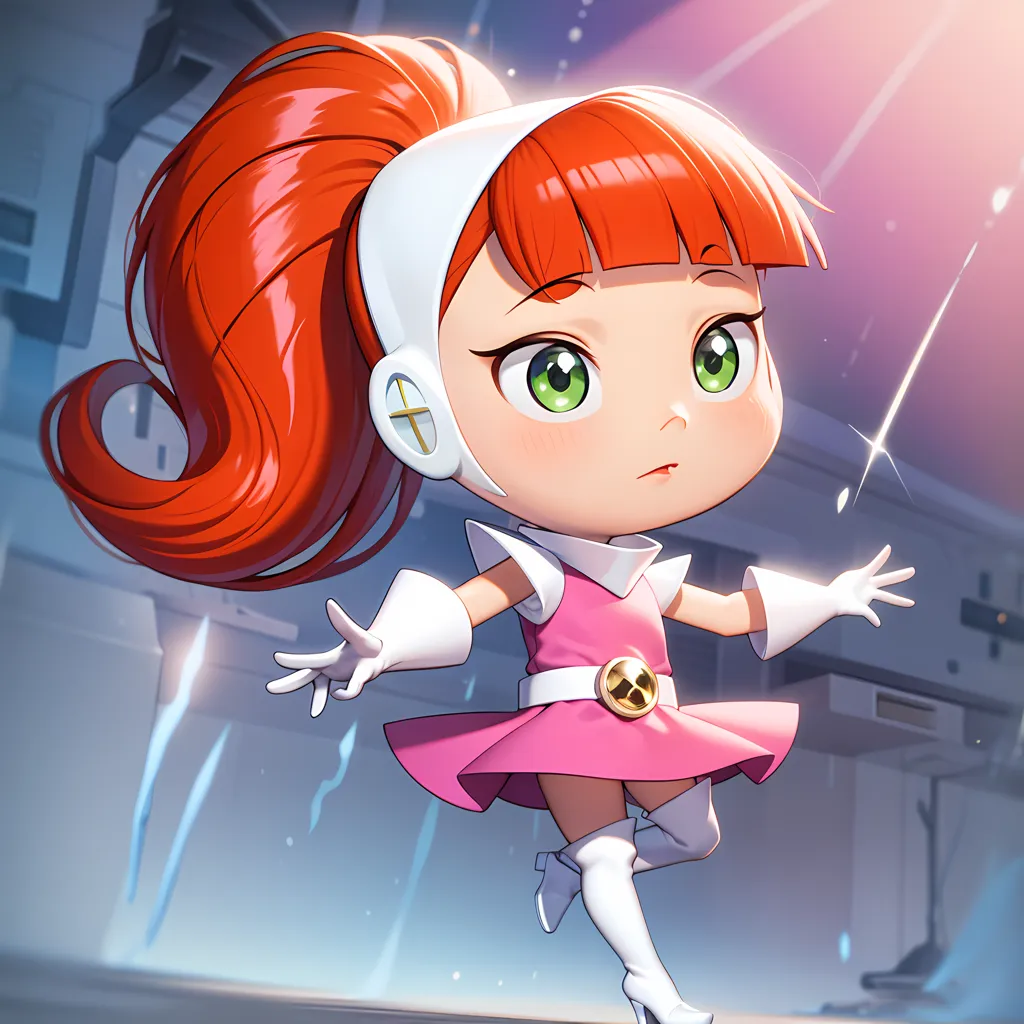 This is an image of a young girl with long red hair and green eyes. She is wearing a white and pink dress with a white headband. The girl is standing in a futuristic setting, with a large metal structure behind her. She is looking at something off-screen with a surprised expression on her face.