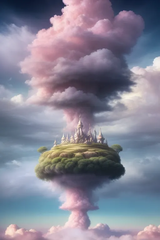 The image is a beautiful depiction of a castle in the sky. The castle is surrounded by pink clouds and has a large green field with trees on it. The sky is blue and there are some clouds in the background. The castle is made of white stone and has a pink roof. There are four towers on the castle and a large gate in the front. The image is very peaceful and serene.