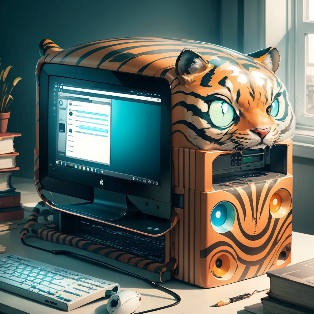 Esta es una imagen de una carcasa de computadora que ha sido pintada para que parezca un tigre. La carcasa tiene un monitor con forma de cara de gato, y el teclado y el ratón también tienen forma de gatos. La computadora está sentada sobre un escritorio y hay una ventana de fondo.