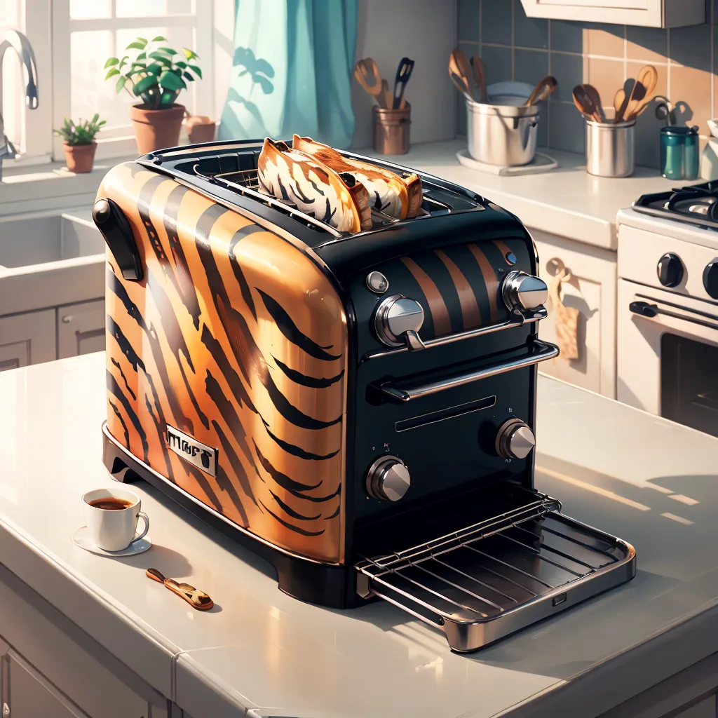 The image shows a toaster with a tiger-like pattern on it. The toaster is sitting on a white counter. There is a cup of coffee and a spoon on the counter next to the toaster. There is a plant on the windowsill behind the toaster. The toaster has two slices of bread in it that are being toasted. The toaster has a black and silver control panel. The kitchen in the background has white cabinets and a white stove. The floor is tiled. There is a window with a blue curtain.