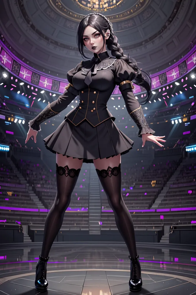 The image shows a young woman with long black hair and purple eyes. She is wearing a black dress with a white collar and a black tie. She is also wearing black stockings and black boots. She is standing in a large arena, with a large audience in the stands.