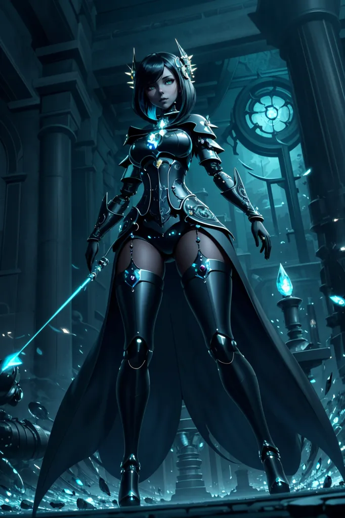 The image is of a woman standing in a dark room. She is wearing a black and blue bodysuit with a long black cape. She has a sword in her right hand and is looking at the viewer with a serious expression. The background is dark and there are some blue lights in the foreground.