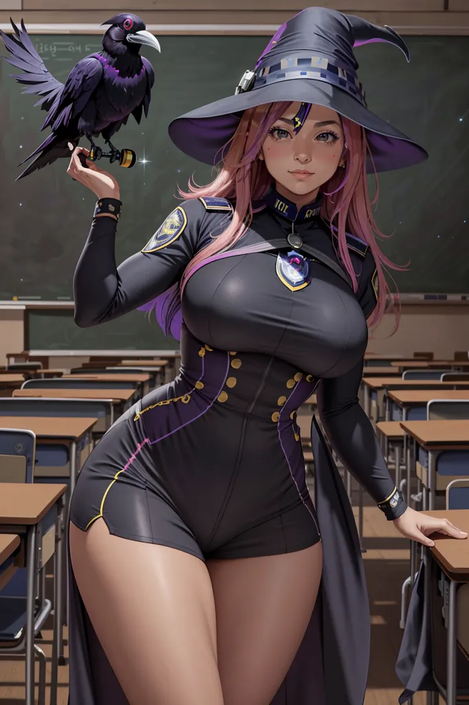 The image is of a young woman dressed in a witch's hat and outfit. She has long pink hair and purple eyes. She is standing in a classroom, with a blackboard behind her and empty desks in front of her. She is holding a raven on her right hand. The raven has a golden ring on its leg. The woman is wearing a badge on her chest that says \