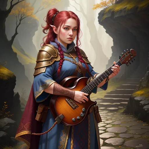 The image shows a redheaded female elf playing a guitar. She is wearing a blue and brown outfit and has a sword on her hip. She is standing in a forest and there are mountains in the background.