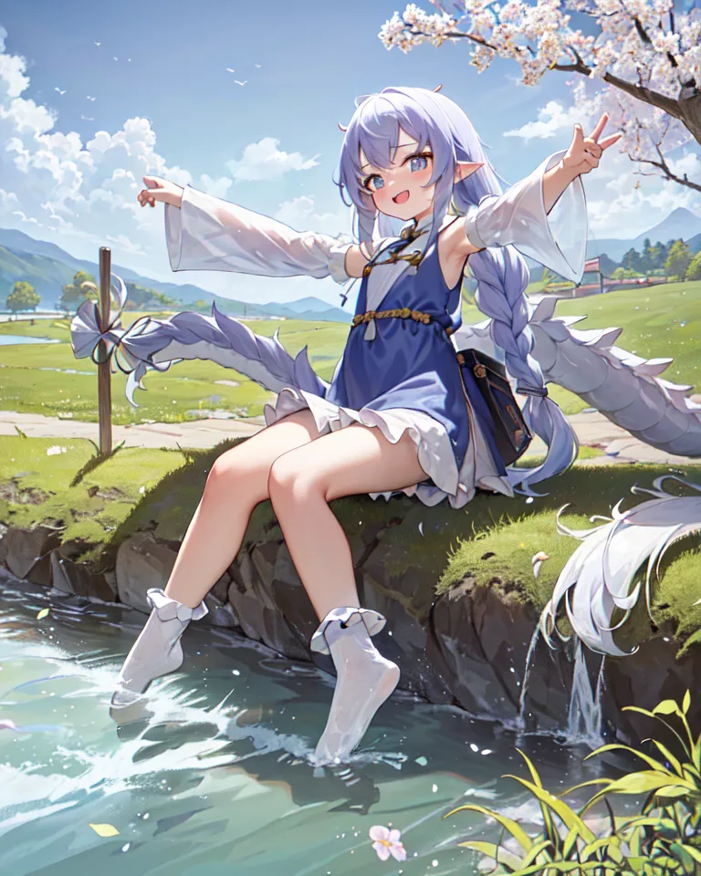 The image shows an anime girl with long white and blue hair. She is wearing a blue and white dress with a white bow in her hair. She is sitting on the edge of a river with her feet in the water. She has a happy expression on her face and is holding her arms out to the sides. There is a small pink flower in her hair. The background of the image is a meadow with a river running through it. There are trees and mountains in the distance. The image is drawn in a realistic style and the colors are vibrant.